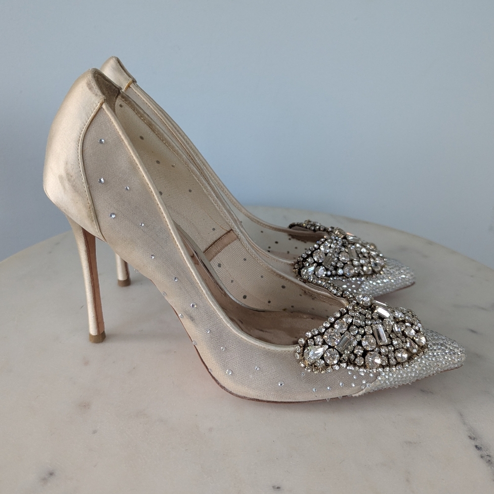 Badgley Mischka Quintana Rhinestone Satin Mesh Pumps Evening Wedding Heels - Picture 9 of 16